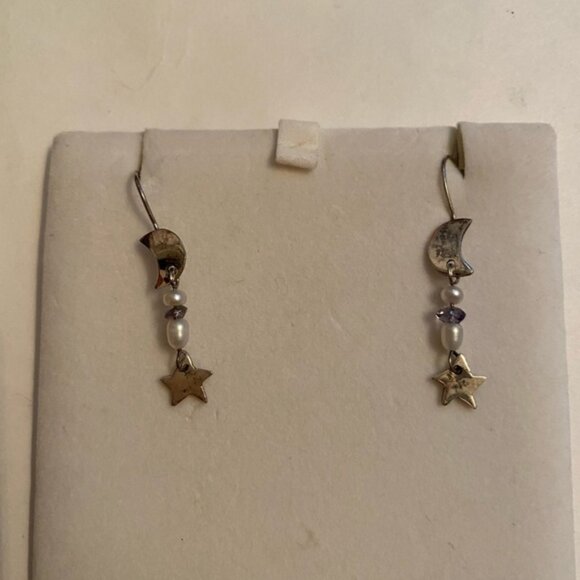 EARRINGS Sterling Silver 925 wires moon star drop crystal pierced celestial - Picture 3 of 7